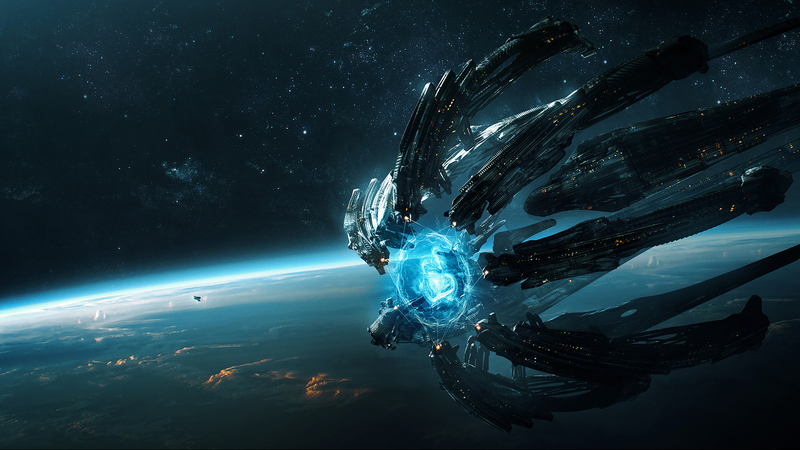 digital art, artwork, space, spaceship, stars, planet, science fiction, fantasy art, Wojtek Fus, cyan