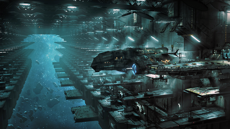 digital art, artwork, space art, spaceship, science fiction, stars, Spaceport, forest