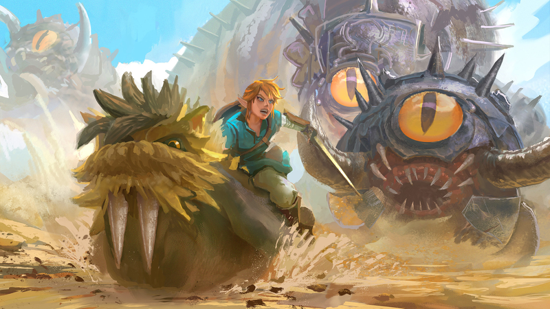 Tyler Edlin, digital art, artwork, The Legend of Zelda: Breath of the Wild, botw, Link, sword, creature, riding on back, giant, worm, desert, fantasy art