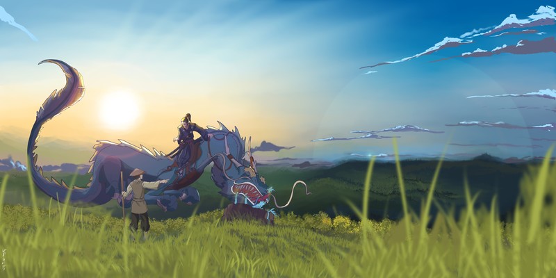 anime, dragon, samurai, landscape