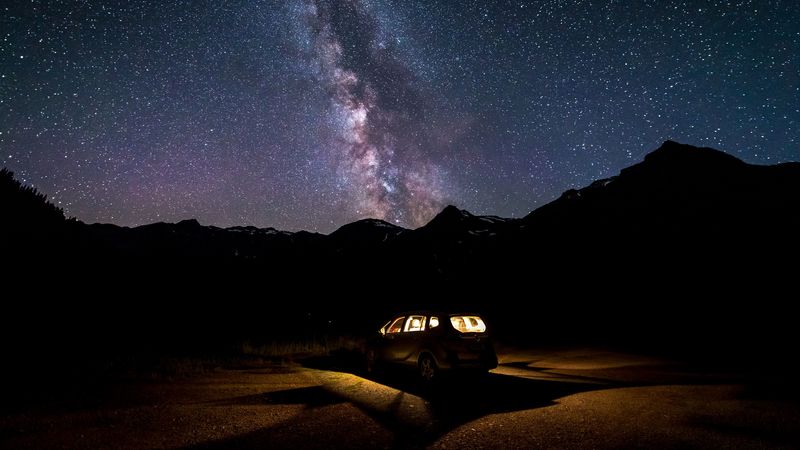 car, night, starry sky, 4k