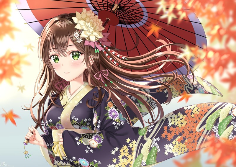 anime, anime girls, original characters, umbrella, kimono, Japanese kimono