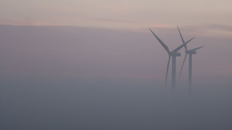 windmills, fog, field, minimalism, 4k