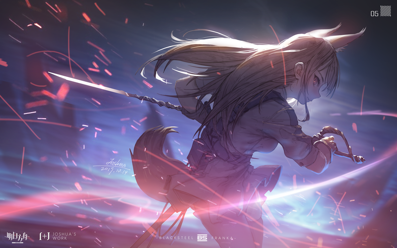 anime, anime girls, digital art, artwork, 2D, portrait, rapier, sword, cat ears, Arknights, Franka(Arknights), long hair, Fox ears, blonde, skirt