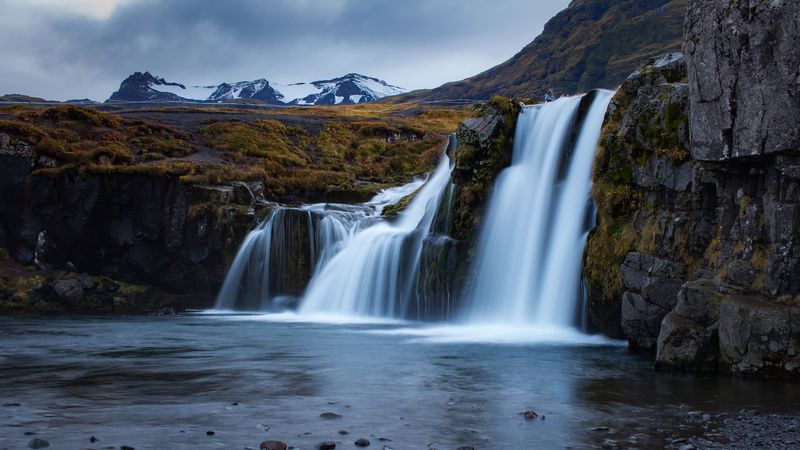 waterfall, flow, water, mountains, 4k