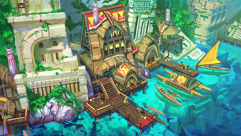 Tyler Edlin, digital art, artwork, boat, sea, village, ruins, water, seashore, fantasy city