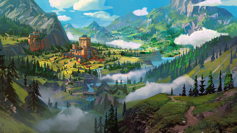 Tyler Edlin, digital art, artwork, landscape, fort, city, mountains, trees, bridge, water, fantasy art