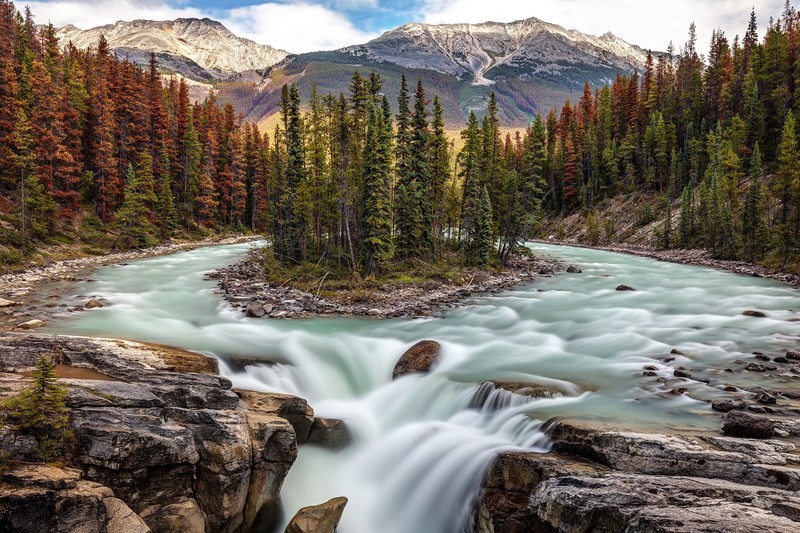 river, nature, Alberta, Canada, trees, long exposure