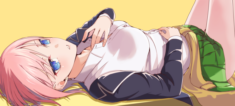 5-toubun no Hanayome, anime girls, 2D, fan art, digital art, simple background, big boobs, short hair, school uniform, pink hair, blue eyes, lying down, Nakano Ichika