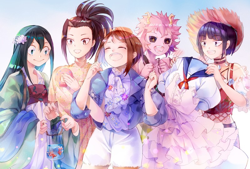 anime, Boku no Hero Academia, Tsuyu Asui, Momo Yaoyorozu, Uraraka Ochako, Mina Ashido, Kyoka Jiro, Toru Hagakure, black sclera