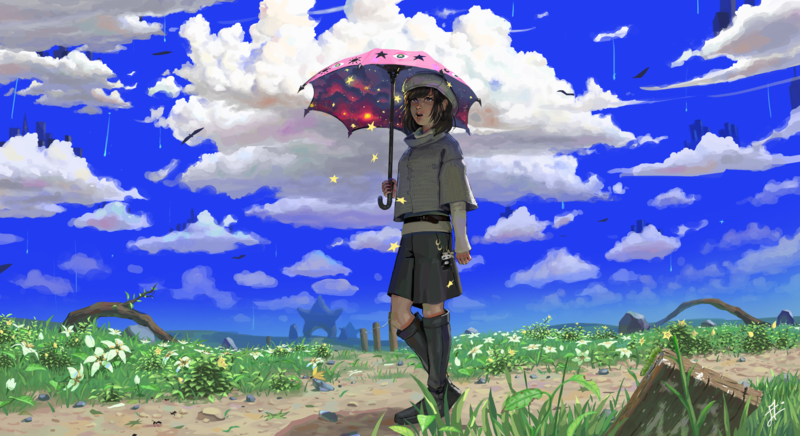 anime, original characters, umbrella, landscape, sky, anime girls