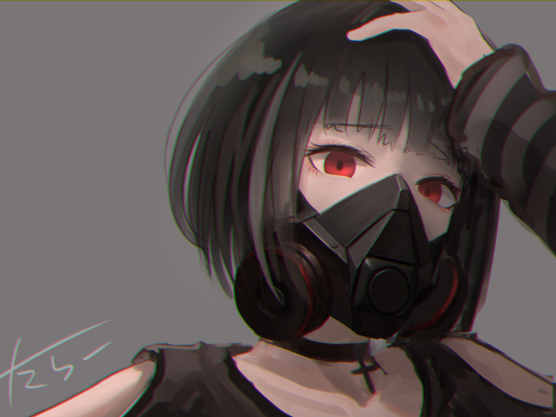 anime, original characters, anime girls, red eyes, mask, short hair