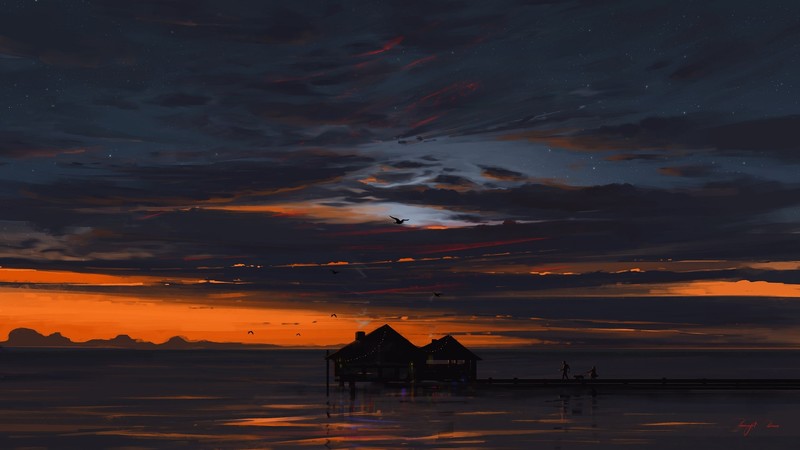 BisBiswas, sunset, beach, clouds, birds, bridge, artwork