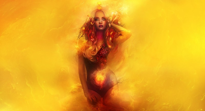 yellow background, artwork, fantasy girl, fantasy art, frontal view