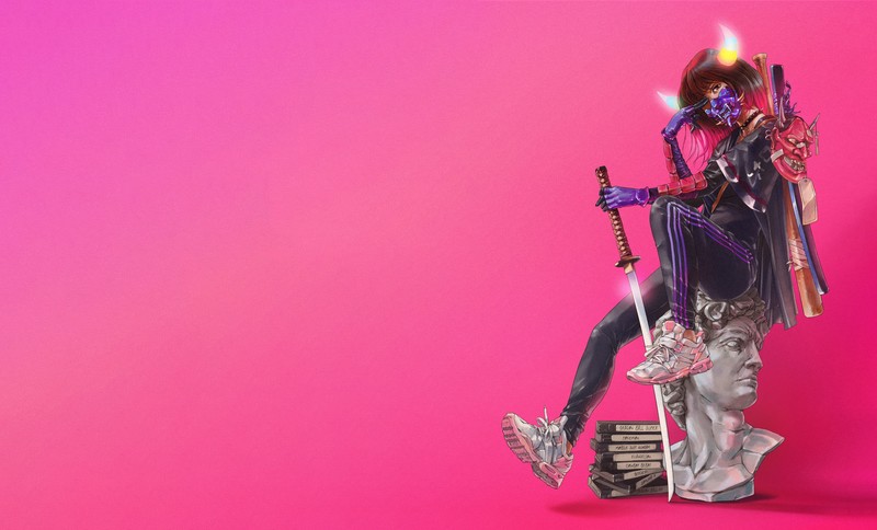 anime, anime girls, sword, pink background, warrior