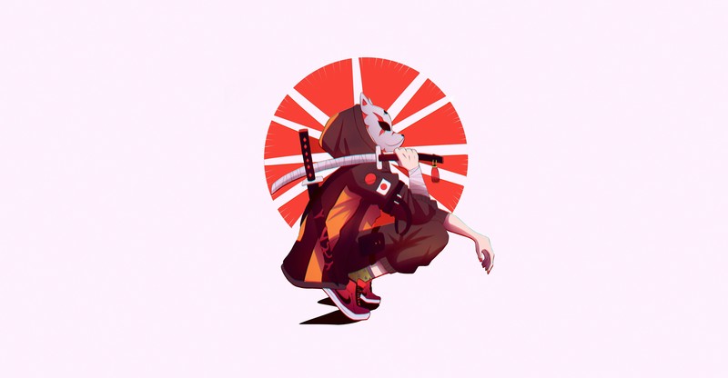 simple background, artwork, sword, weapon, Asia, mask