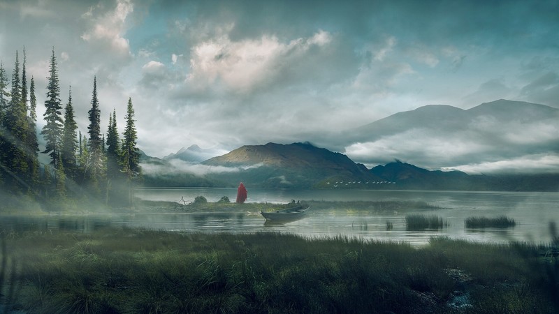 landscape, nature, artwork, painting, boat, water