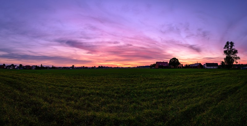 Poland, village, sunrise, orange sky, panorama, fall