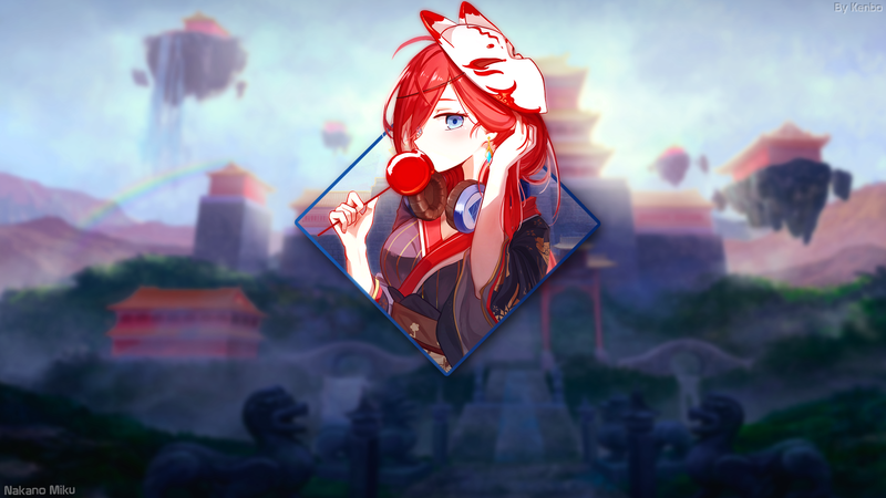 Nakano Miku, anime, anime girls, 5-toubun no Hanayome, long hair, headphones, gloves, feathers, kimono, Japanese kimono, fox mask, tengu, elbow gloves, dress, blue eyes, manga, open mouth, brunette, minimalism
