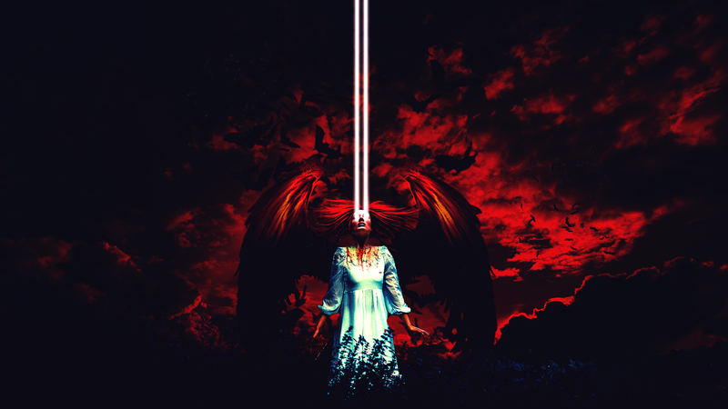 woman angel, women, Photoshop, artwork, wings, bats, Halloween, red sky