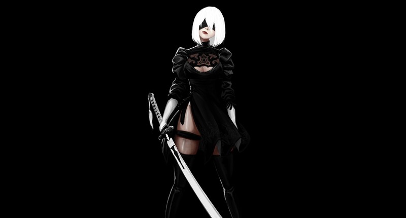 Nier: Automata, simple background, fantasy art, fantasy girl, sword, 2B (Nier: Automata), frontal view