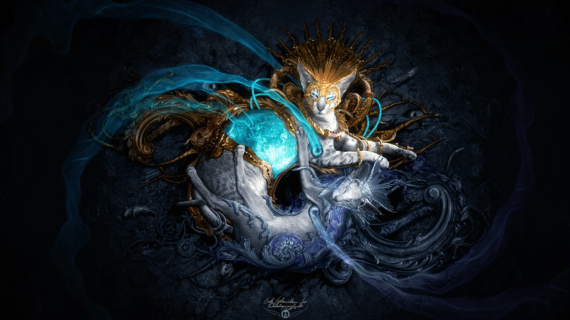 Erik Shoemaker, digital art, artwork, cats, fantasy art, cyan, gold