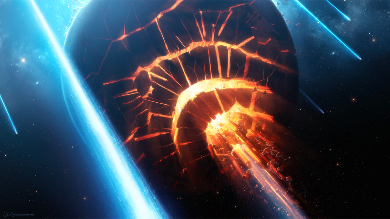 Erik Shoemaker, digital art, artwork, planet, space, explosion, destruction, fire, stars