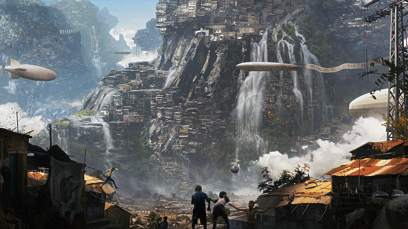 Erik Shoemaker, digital art, artwork, Zeppelin, fantasy city, waterfall, ball, cityscape, mountains, children