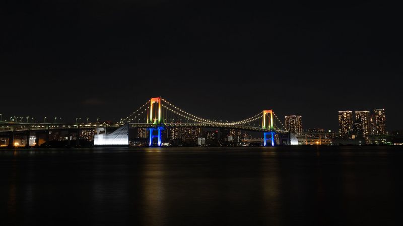 night city, bridge, lights, moon, water, 4k