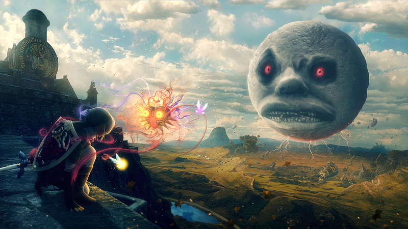 Erik Shoemaker, digital art, artwork, The Legend of Zelda: Majora’s Mask, Moon, Link, fairies, landscape, sword, shield, clouds, fantasy art