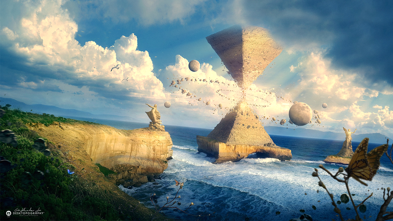Erik Shoemaker, digital art, artwork, sea, water, pyramid, fantasy architecture, clouds, sky, cliff, planet, statue, butterfly, Desktopography, floating