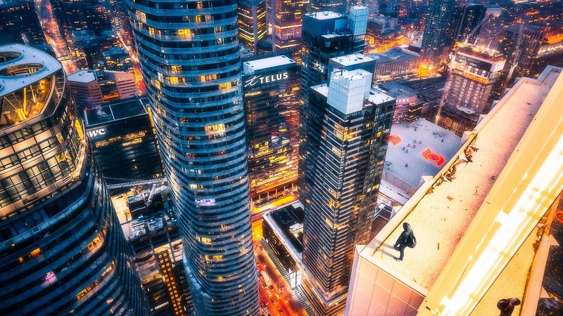 skyscrapers, aerial view, night city, roof, toronto, 4k