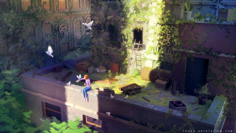 Sylvain Sarrailh, birds, rooftops, building, ladder, redhead, dove, plants, artwork, digital art