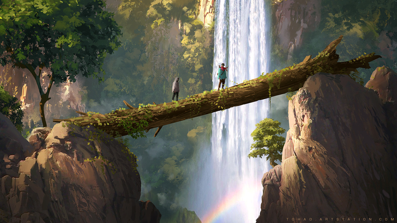 Sylvain Sarrailh, artwork, tree trunk, log, trees, waterfall, rainbows, standing