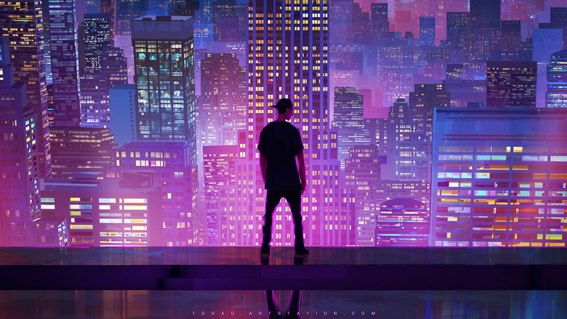Sylvain Sarrailh, cityscape, alone, standing, building, skyscraper, by the window, artwork, digital art