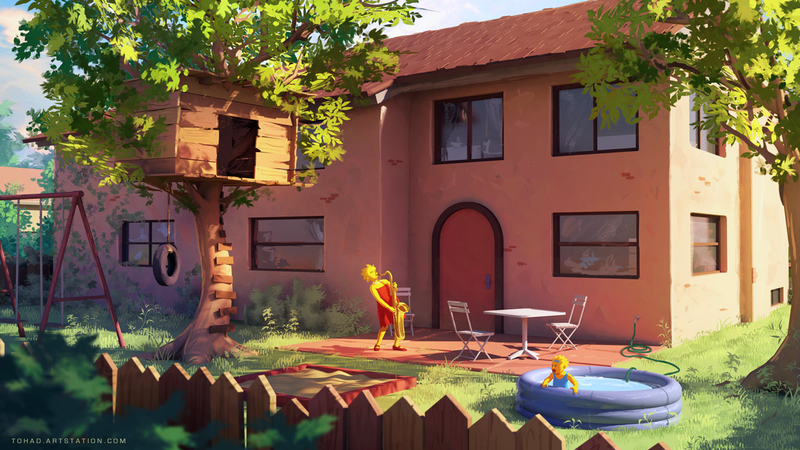 Sylvain Sarrailh, artwork, The Simpsons, Lisa Simpson, Maggie Simpson, backyard, trees, hut, swing, house, saxophones, watermarked