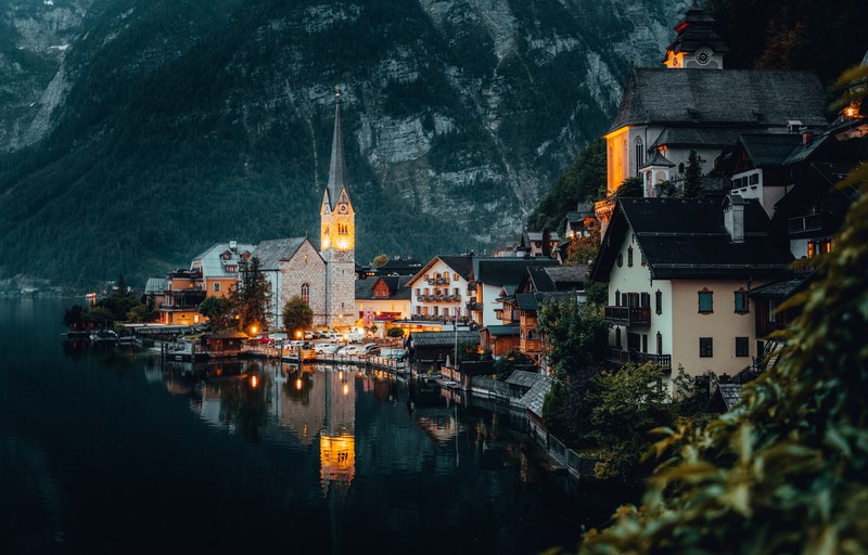 town, church, Austria, lake, mountains, valley, reflection, warm, trees, architecture, Hallstatt, water