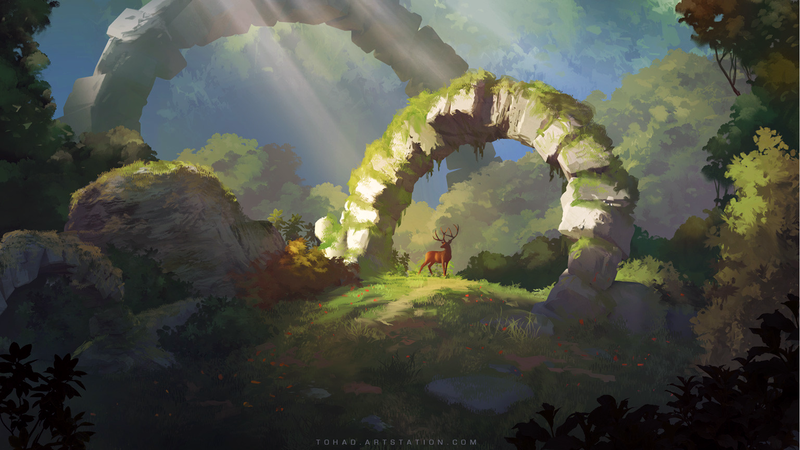 Sylvain Sarrailh, artwork, deer, ruins, fantasy art, forest, trees, rocks, sun rays