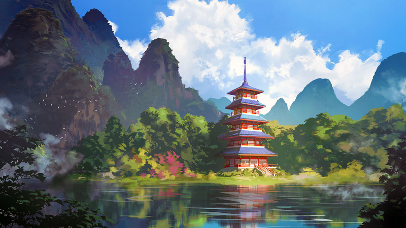 Sylvain Sarrailh, artwork, pagoda, Asian, mountains, sky, clouds, river, digital art
