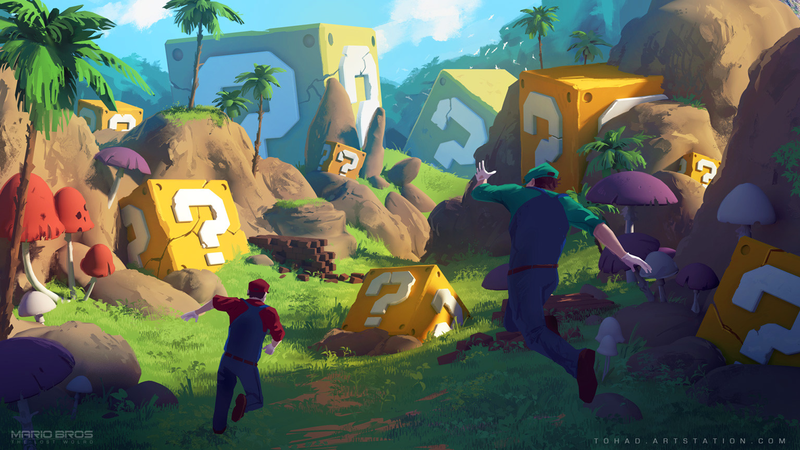 Sylvain Sarrailh, artwork, Mario Bros., Luigi, Mario (Character, mushroom, palm trees, video game art, running, Nintendo, Nintendo Entertainment System