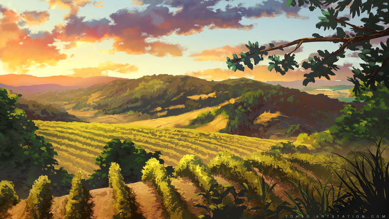 Sylvain Sarrailh, artwork, landscape, field, clouds, trees, sky, hills