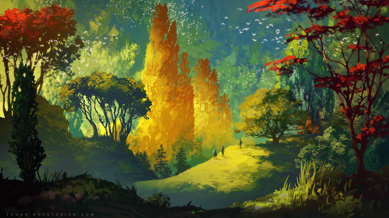 Sylvain Sarrailh, artwork, forest, birds, trees, landscape, digital art