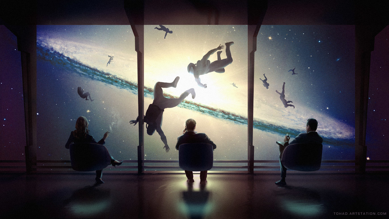 Sylvain Sarrailh, artwork, space, death, explosion, sitting, by the window, stars, digital art