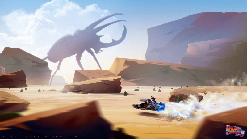 Sylvain Sarrailh, giant, creature, insect, Back to the Future, flying car, DeLorean, lightning, Beetle, desert, digital art