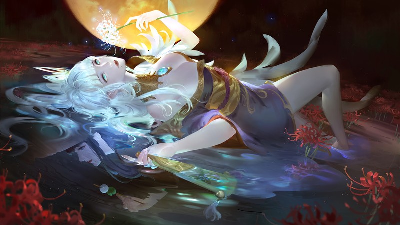 Final Fantasy, barefoot, dress, flowers, green eyes, long hair, Moon, water, white hair, dango