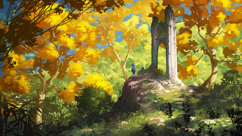 Sylvain Sarrailh, Forest of Liars, forest, trees, alone, video game art, artwork, digital art, ruins