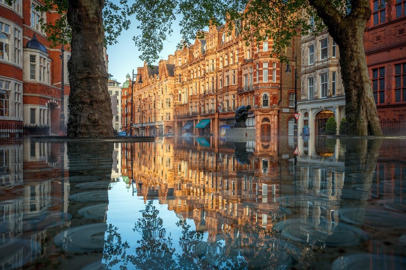 city, London, house, building, water, reflection, England, cityscape, trees