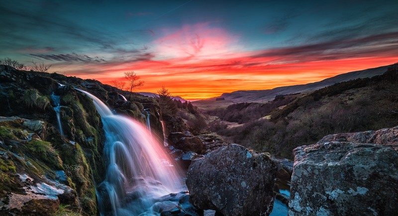 sky, rock, water, waterfall, nature, landscape, sunlight