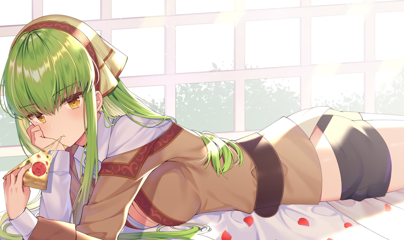 Code Geass, food, green hair, long hair, bed, yellow eyes, ass, shorts, C.C. (Code Geass)