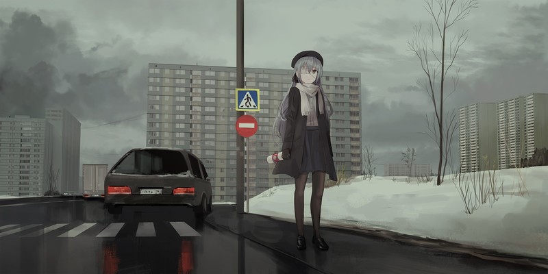 Chihuri 45, city, building, Russia, looking at viewer, snow, eye patch, gray hair, anime, anime girls, Slavic